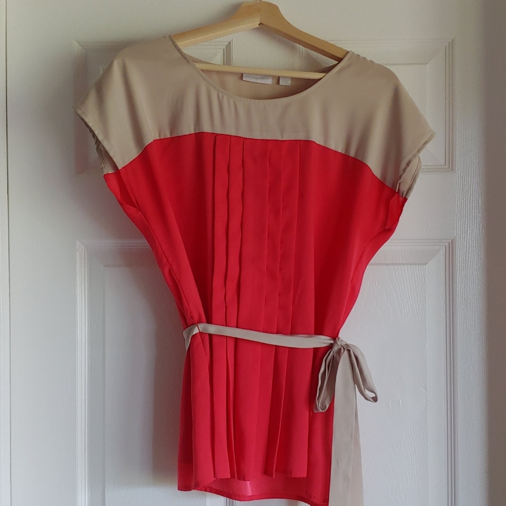 New York & Co Coral + Khaki belted, pleated blouse